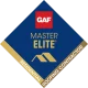Blue diamond-shaped badge with a gold border, showing the words 'MASTER ELITE' in gold and a red square GAF logo in the center.